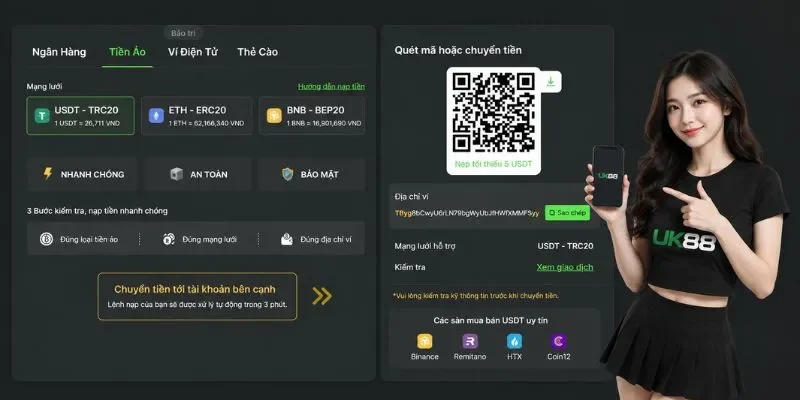 4 phương thức nạp tiền UK88 gồm crypto, ngân hàng, ví điện tử, thẻ cào