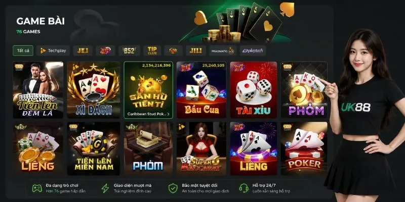 Sảnh game bài UK88 với 76 tựa game dân gian và quốc tế